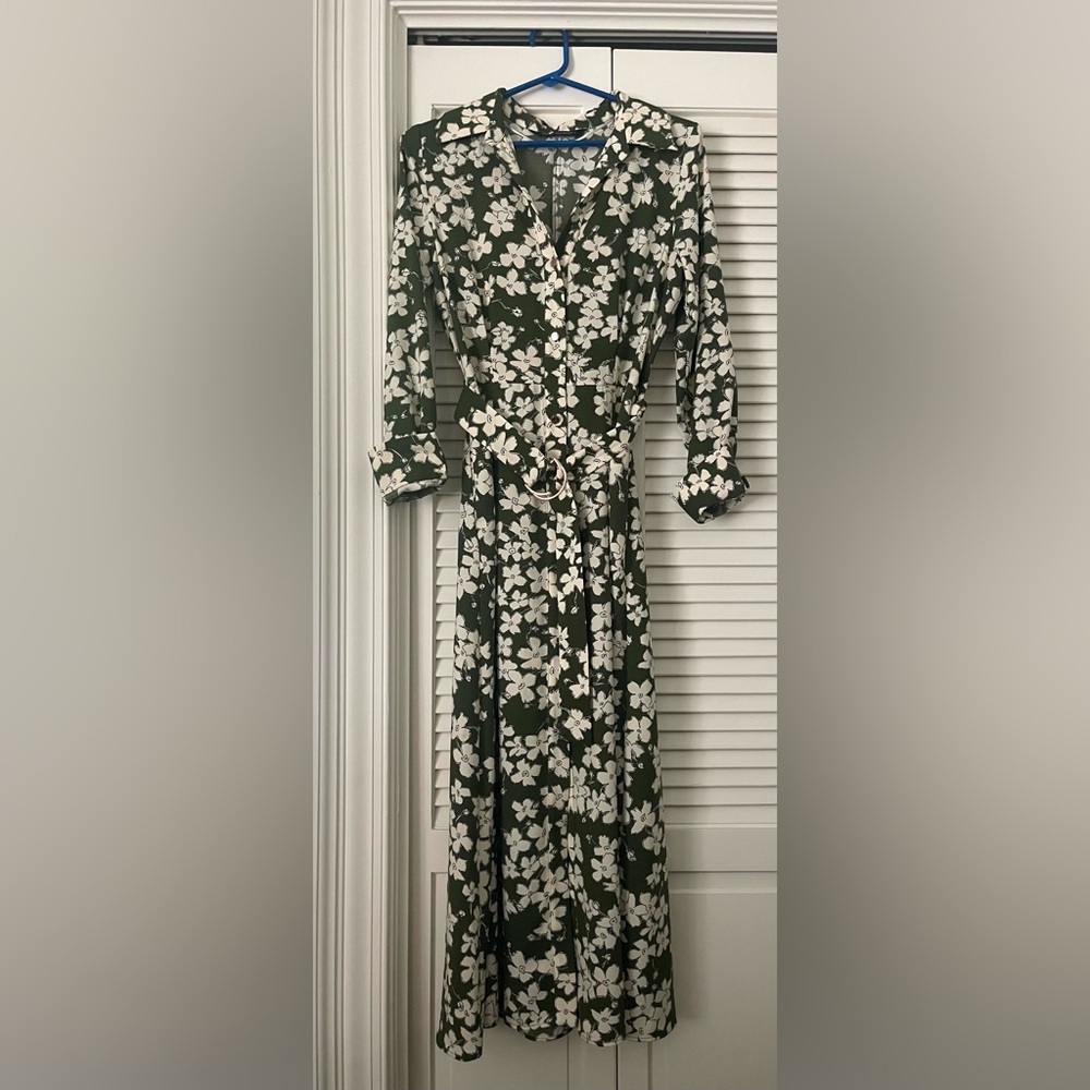 Zara Green and White Floral Long Sleeve Dress